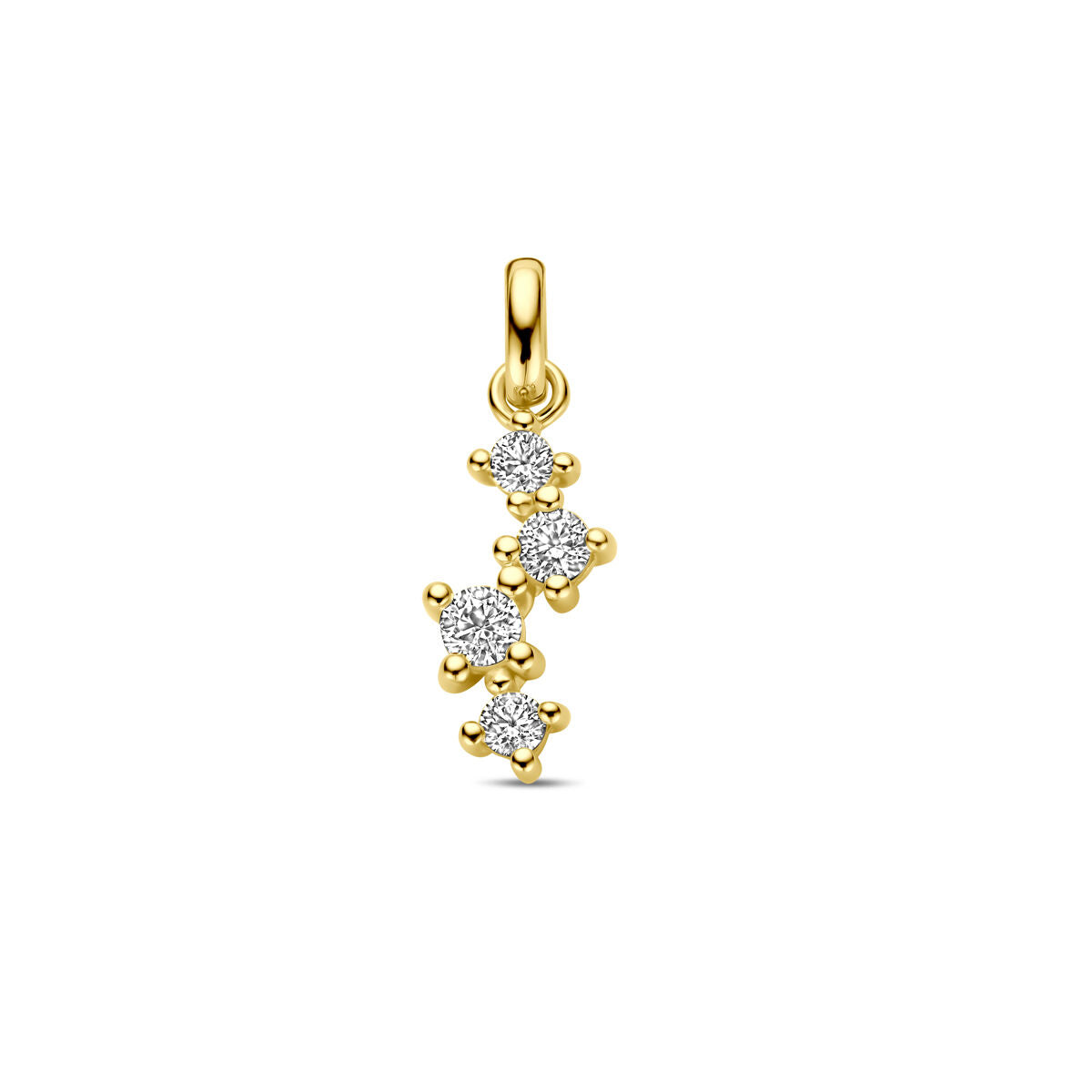 pendentif en or jaune 14K avec zircons, formé de quatre pierres brillantes.