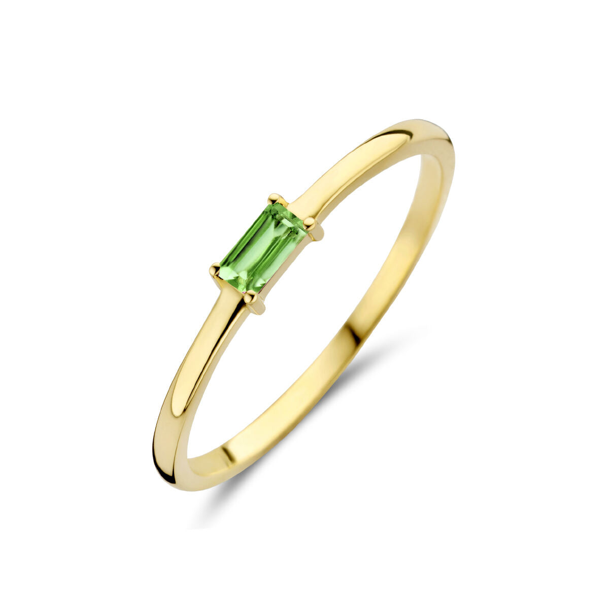 Bague en or jaune 14K avec une pierre précieuse émeraude de forme rectangulaire.