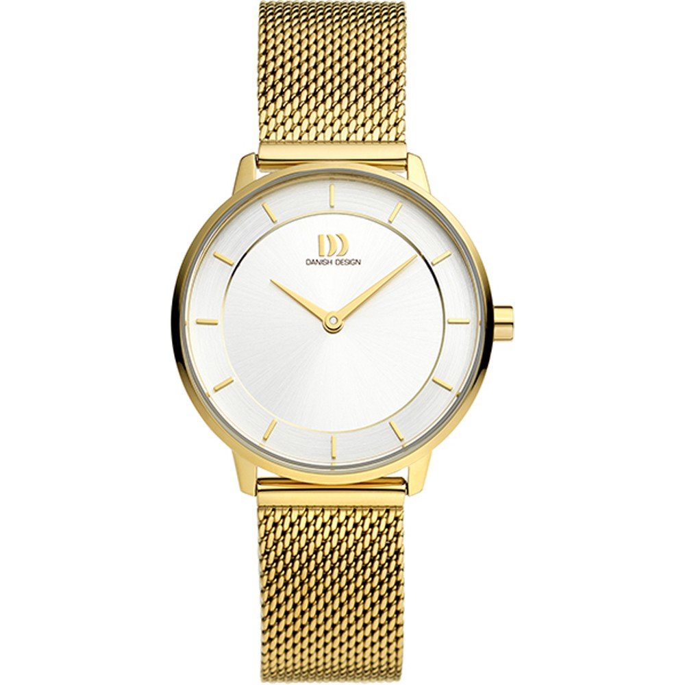 Montre dorée avec un cadran blanc et un bracelet en maille.