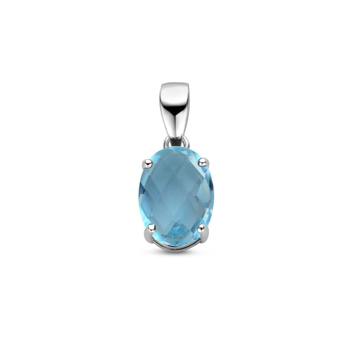 pendentif en topaze bleue avec finition en argent rhodié.