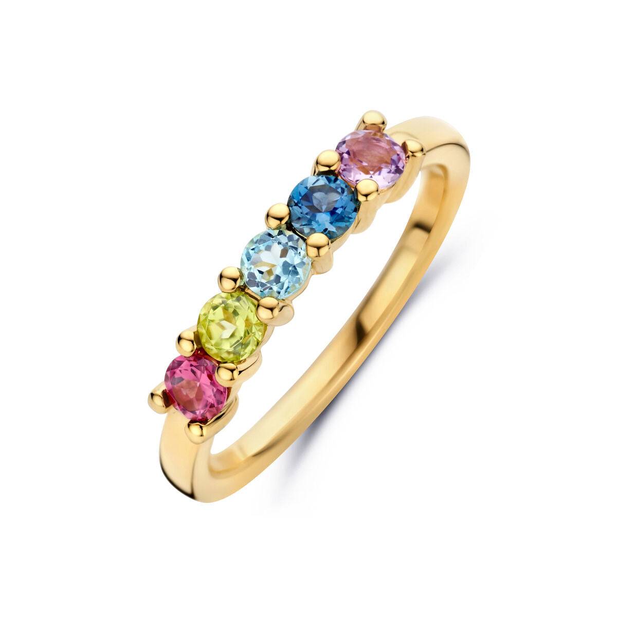 Bague en or jaune 14K ornée de cinq pierres précieuses de couleurs naturelles.