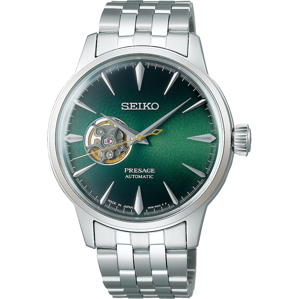 Montre pour homme Seiko Presage avec un cadran vert, boîtier en acier inoxydable et bracelet en métal.