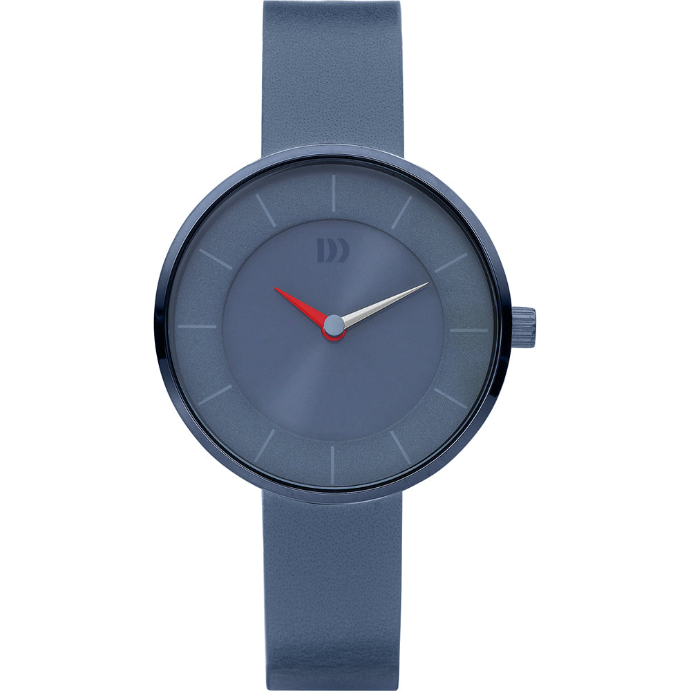 Montre ronde avec un cadran gris et un bracelet en silicone bleu. Aiguilles argentées et rouge.