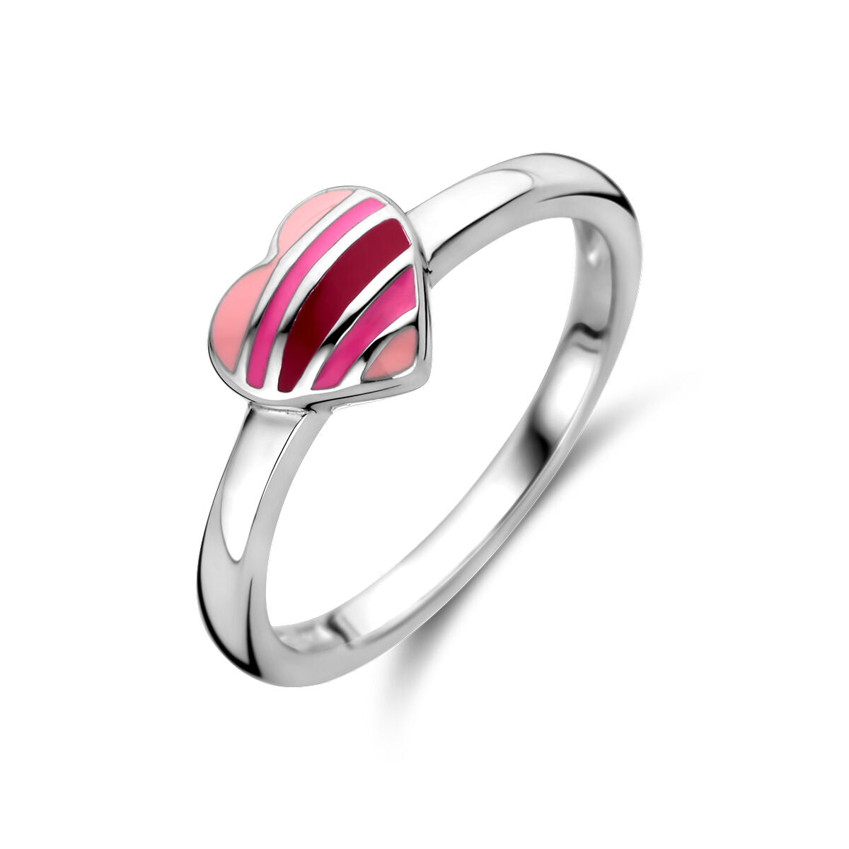 Bague en argent rhodié avec un motif en forme de cœur rose et rayé.