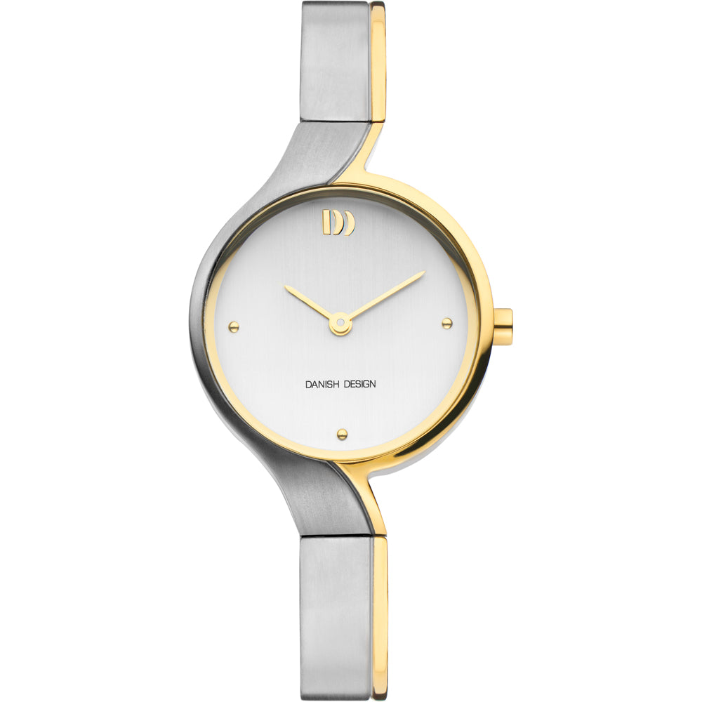 Montre en acier inoxydable avec un cadran blanc, boîtier doré et bracelet argenté.