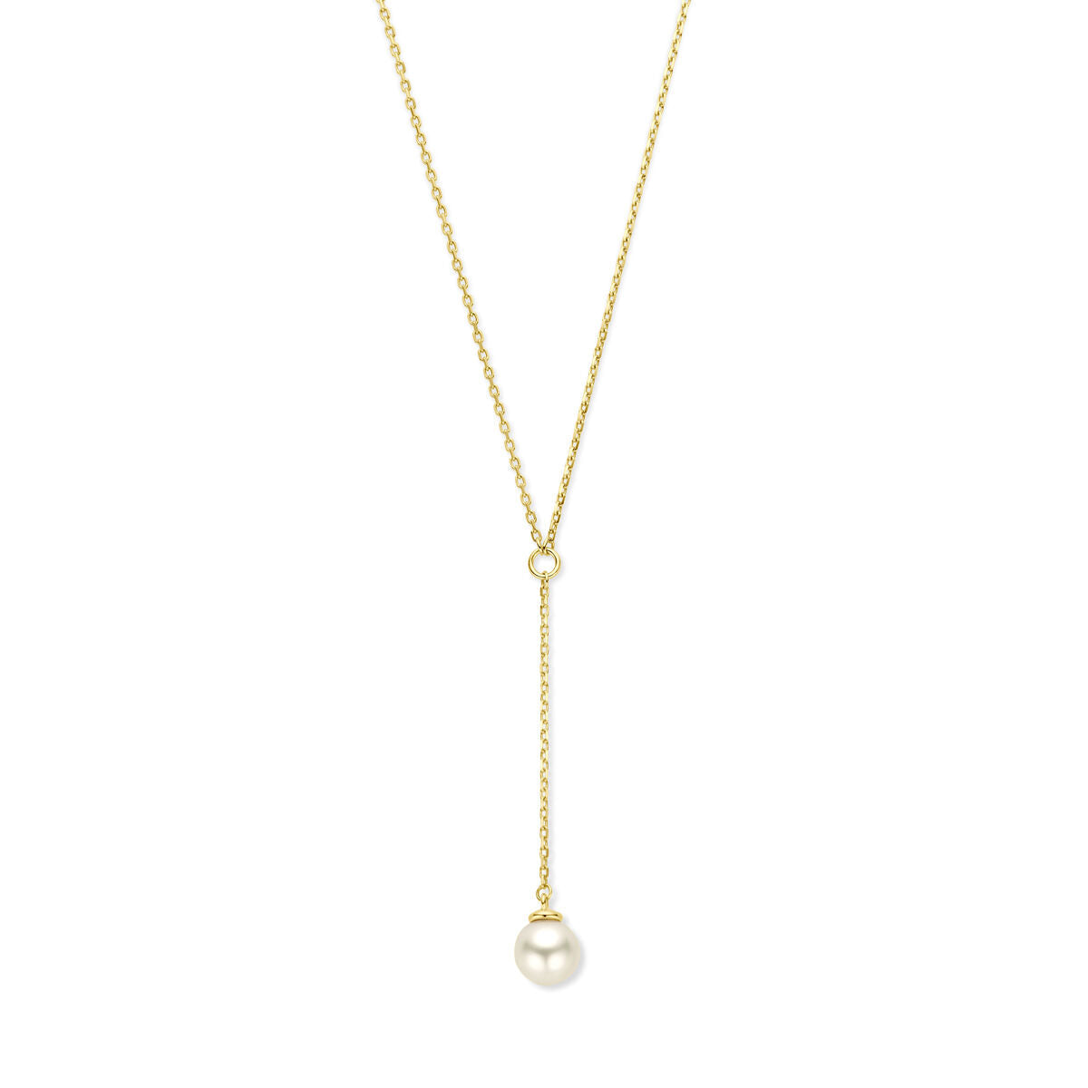 Collier Y en or jaune 14K avec une perle suspendue.