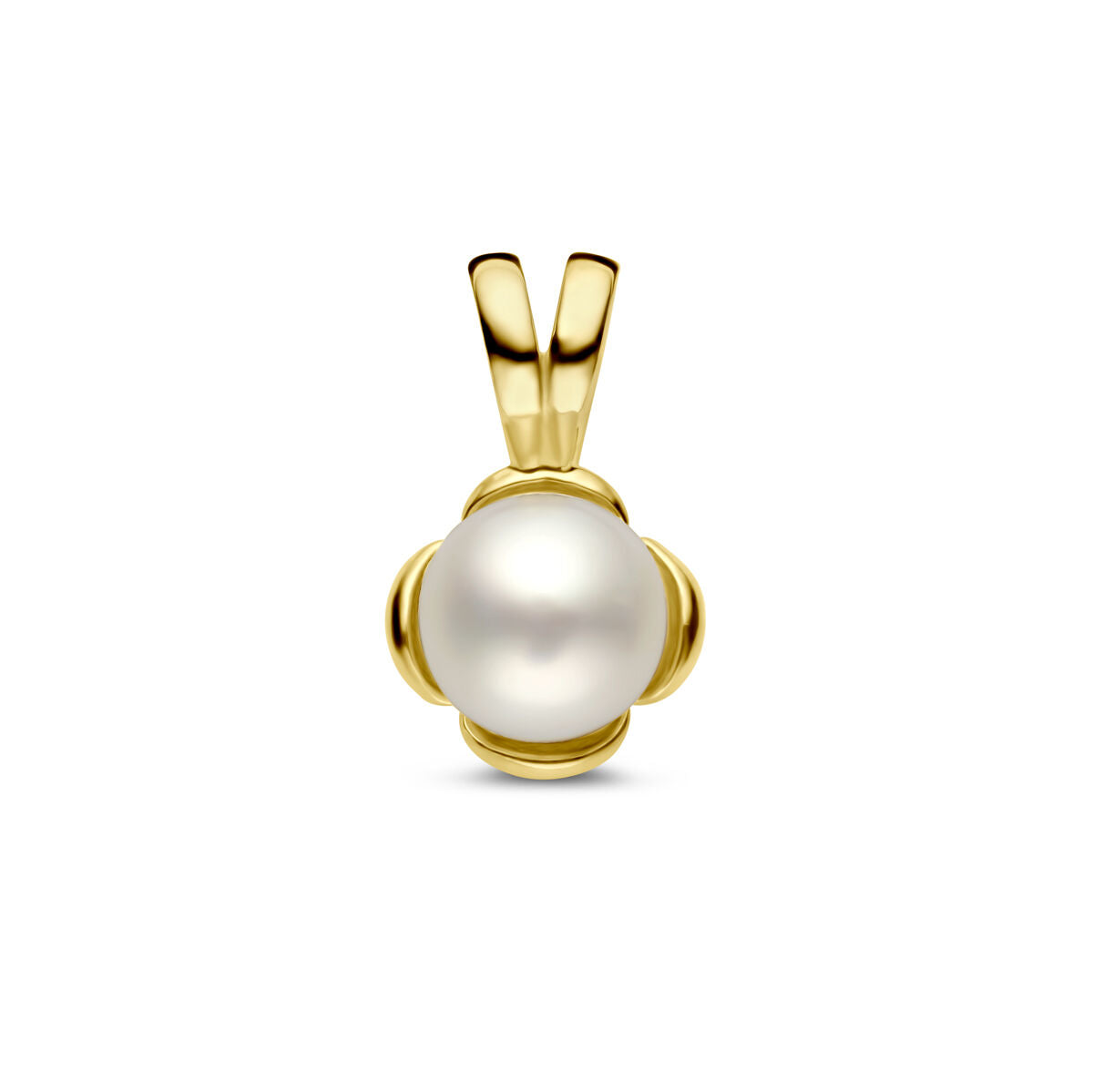 Pendentif en or jaune 14K avec une perle centrale en forme de fleur.