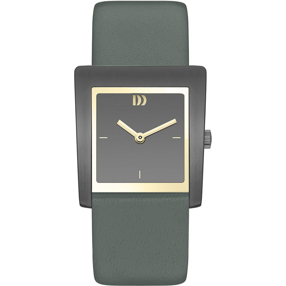 Montre rectangulaire avec boîtier noir, cadran gris et bracelet en cuir vert.