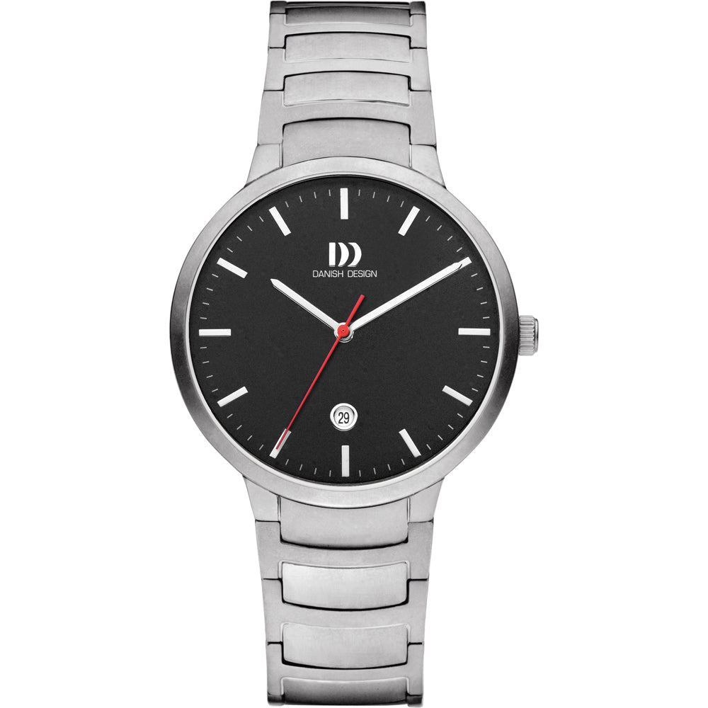 Montre en acier inoxydable avec cadran noir, aiguilles argentées et seconde rouge.