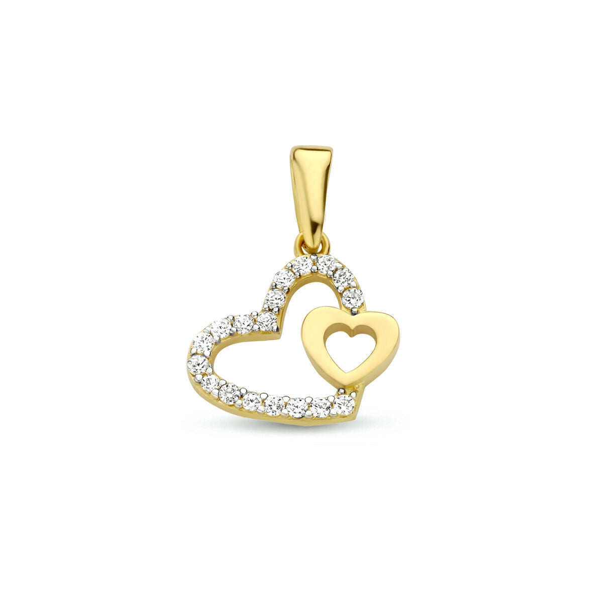 Hanger in 14K geelgoud met twee hartvormen, versierd met zirkonia-steentjes.