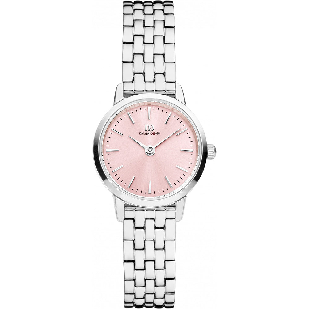 Montre argentée avec un cadran rose et un bracelet en maillons.