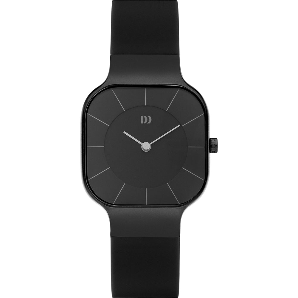 Montre noire avec un cadran carré, bracelet en silicone, index minimalistes.