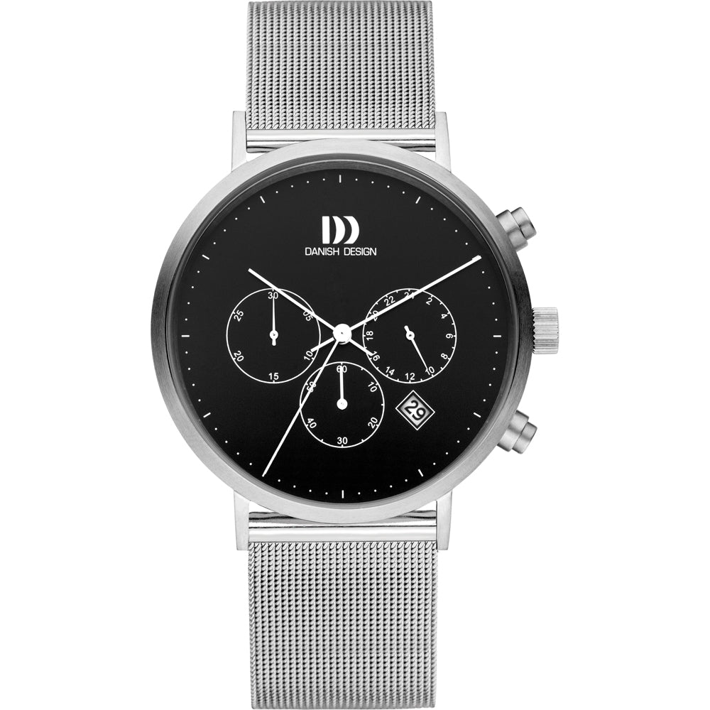 Montre argentée avec cadran noir, trois sous-cadrans et bracelet en maille.