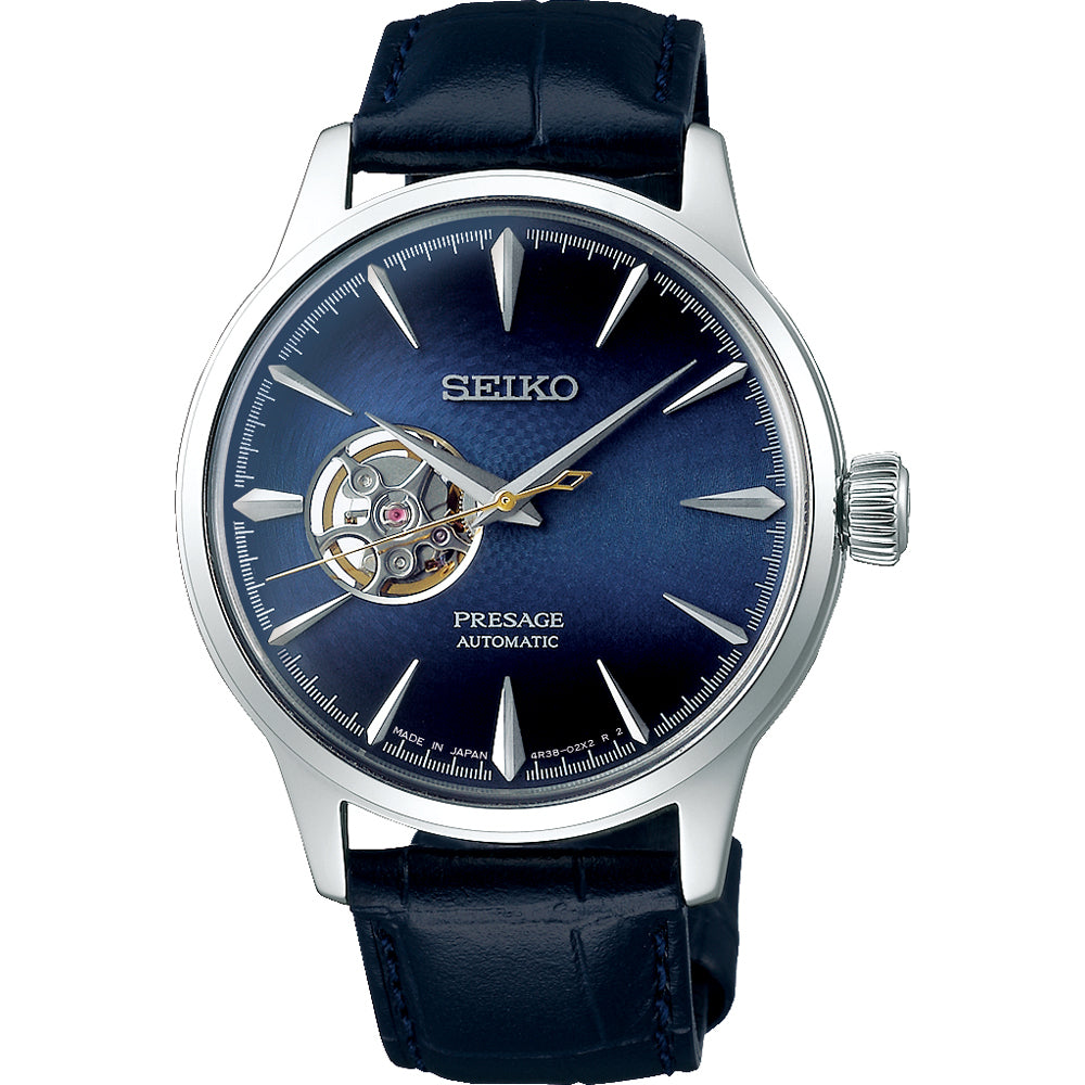 Montre Seiko Presage pour homme avec cadran bleu, boîtier en acier et bracelet en cuir bleu.