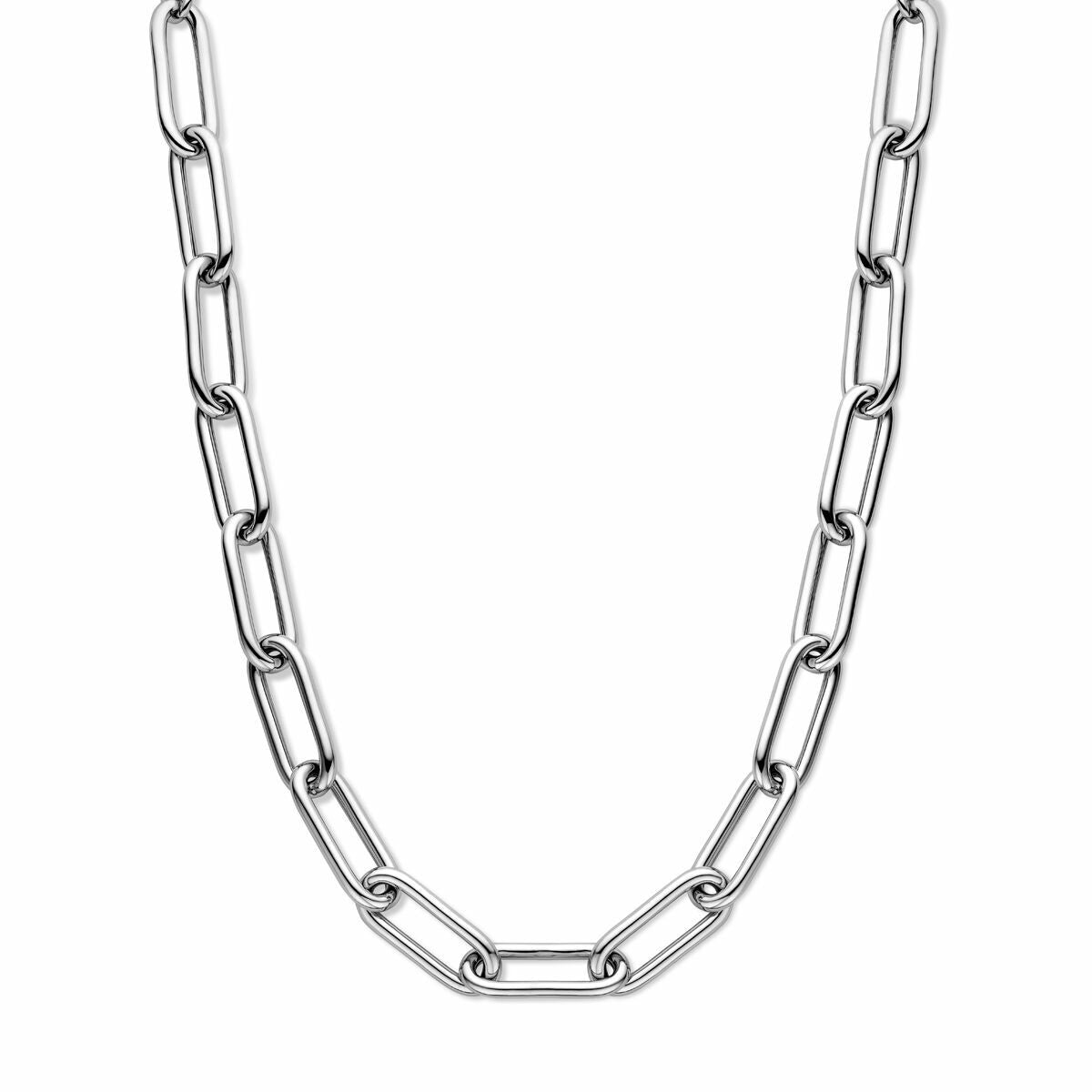 Collier en argent rhodié avec maillons en forme de paperclip et tubes ronds de 11,5 mm.