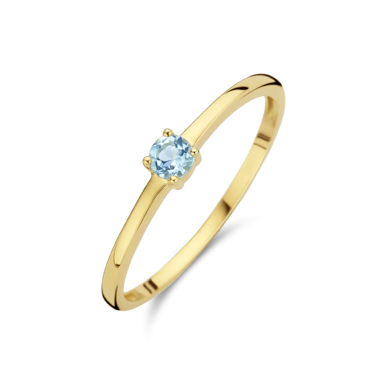 Bague en or jaune 14K avec une pierre de naissance aquamarine ronde.