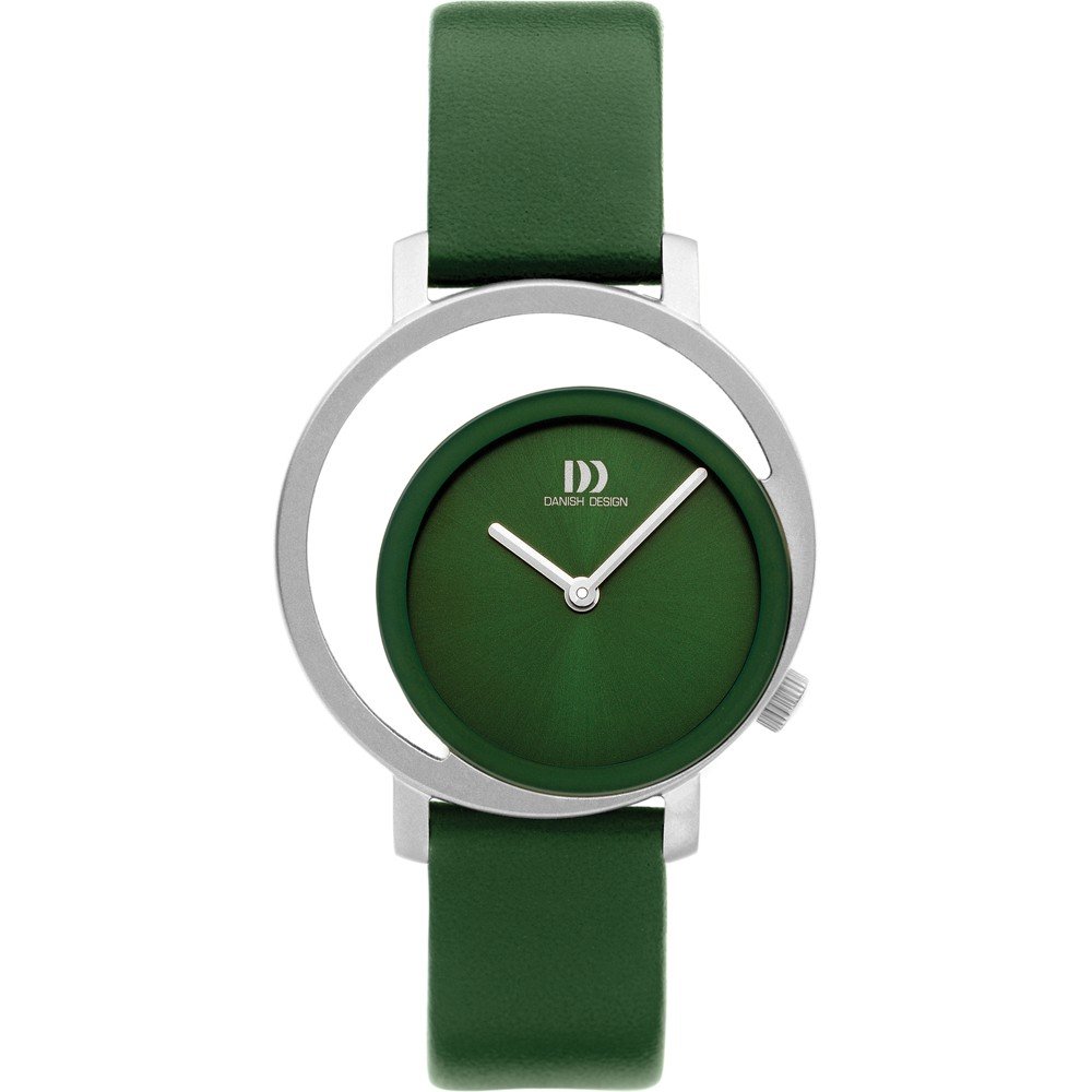 Montre femme au design danois avec un cadran vert et un bracelet en cuir vert.