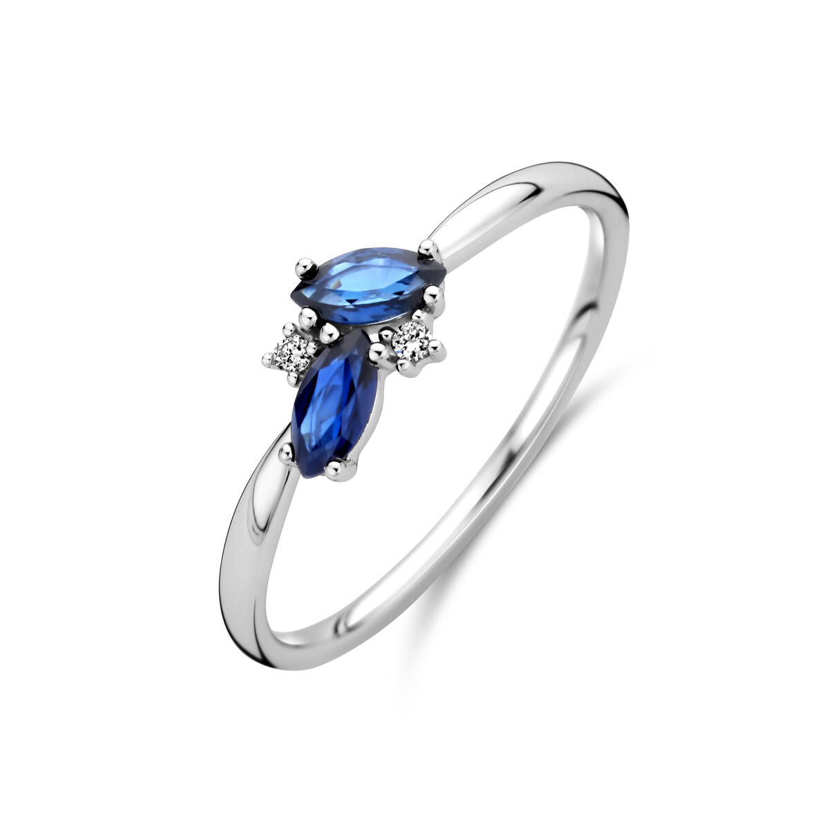 Bague en or blanc 14K avec saphir et diamants de 0,02 ct, design délicat.