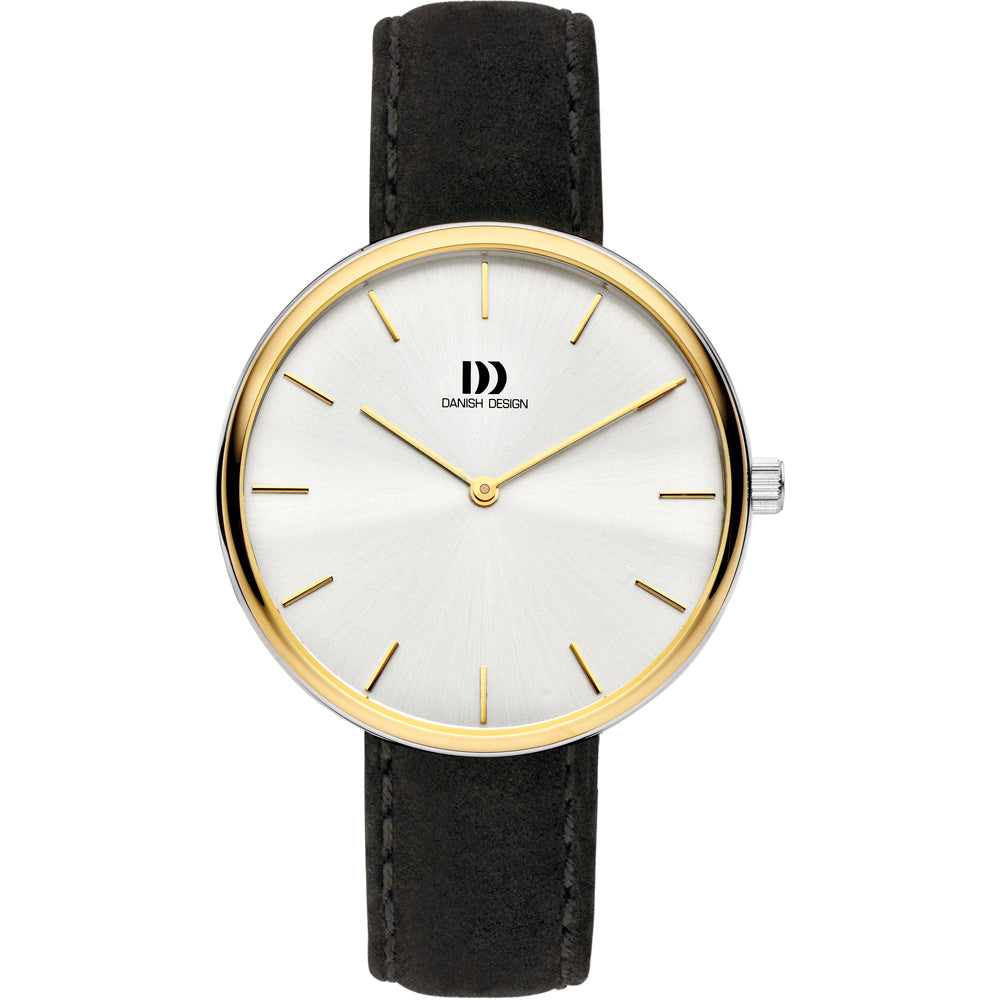 Montre pour homme avec un cadran blanc, boîtier doré et bracelet en cuir noir.