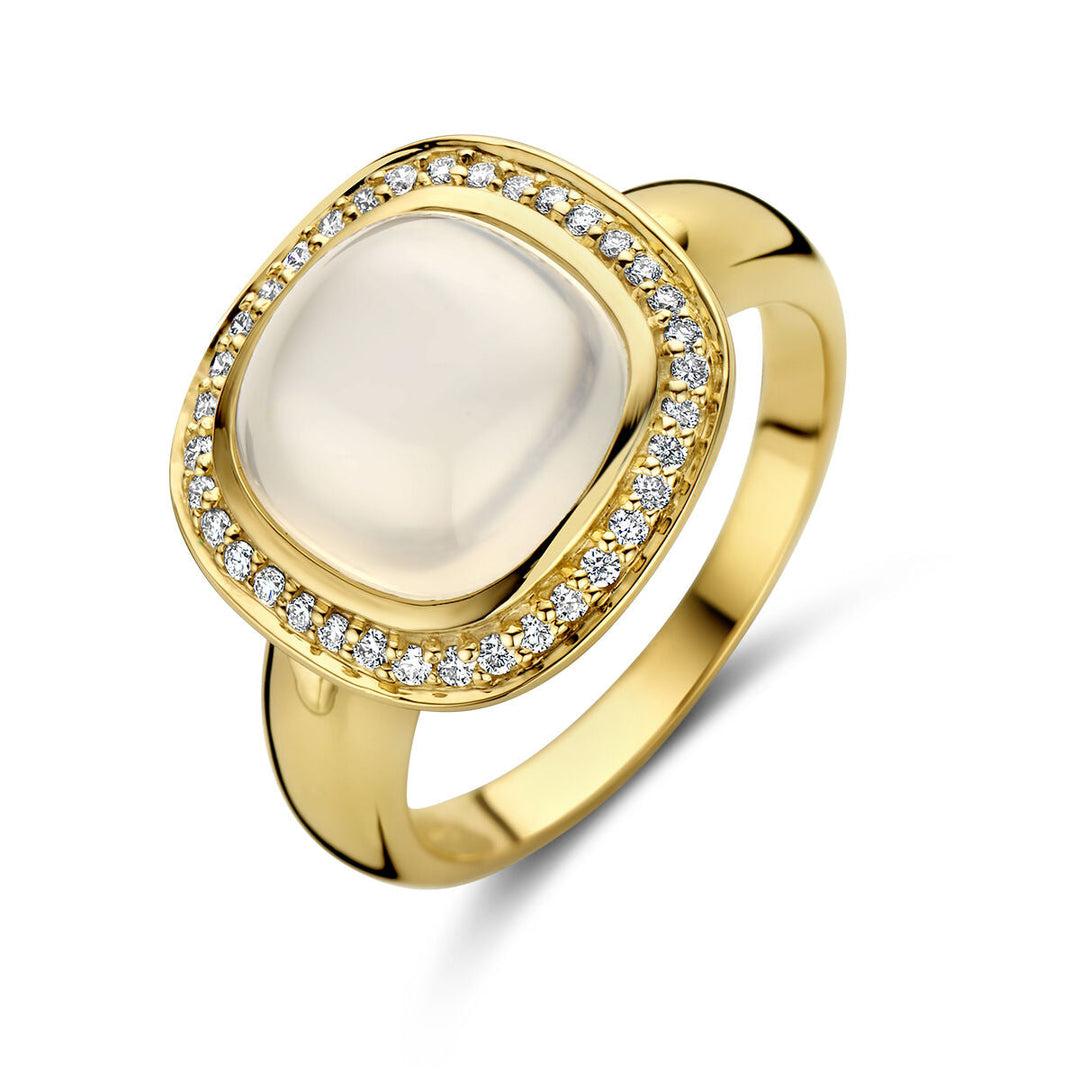 ring wit maansteen en diamant 0.20ct h si halo 14K geelgoud
