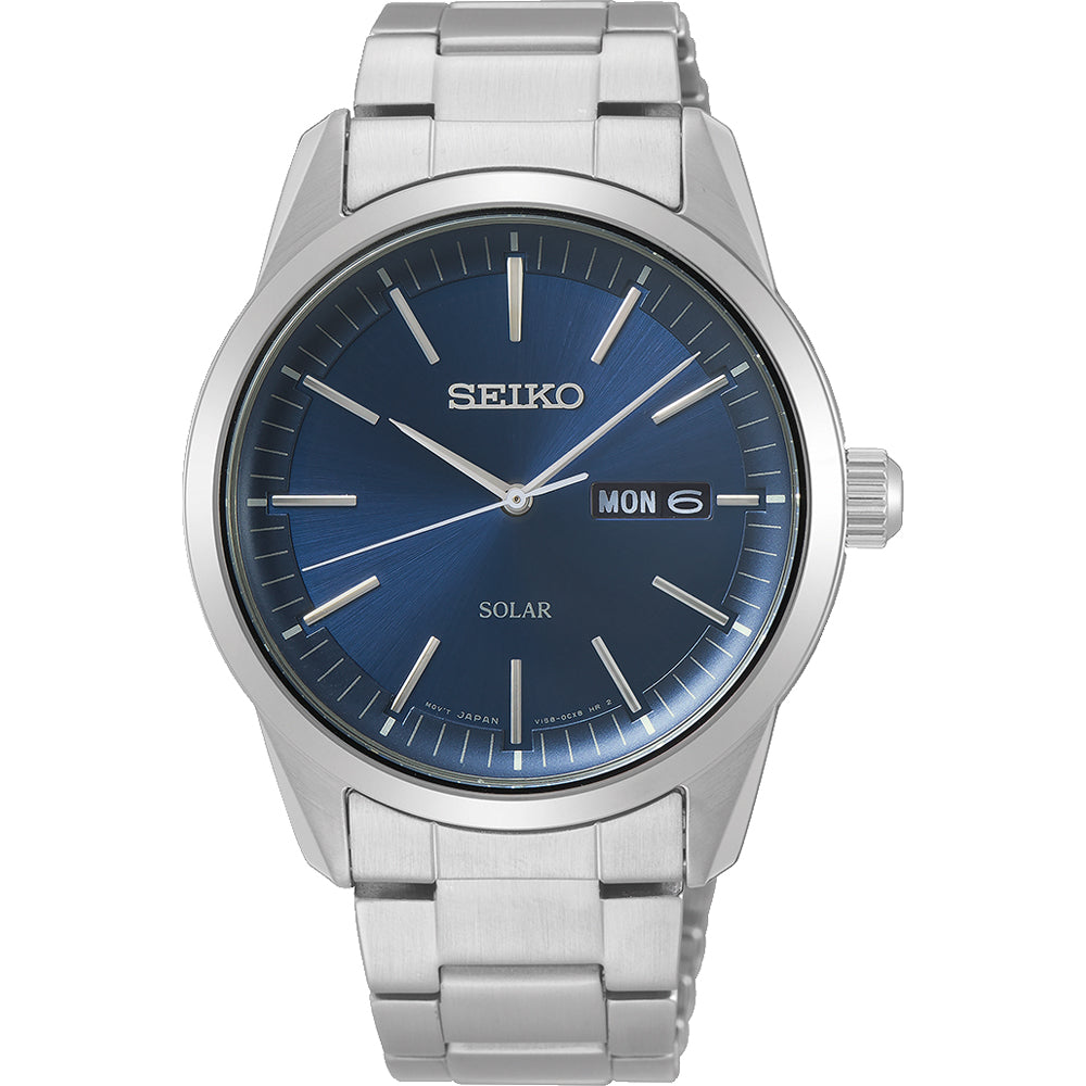 Montre pour homme Seiko avec un cadran bleu, boîtier en acier inoxydable et bracelet en acier.