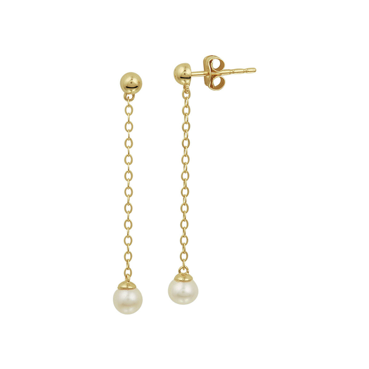 Boucles d'oreilles en or jaune 14K avec des perles pendantes.
