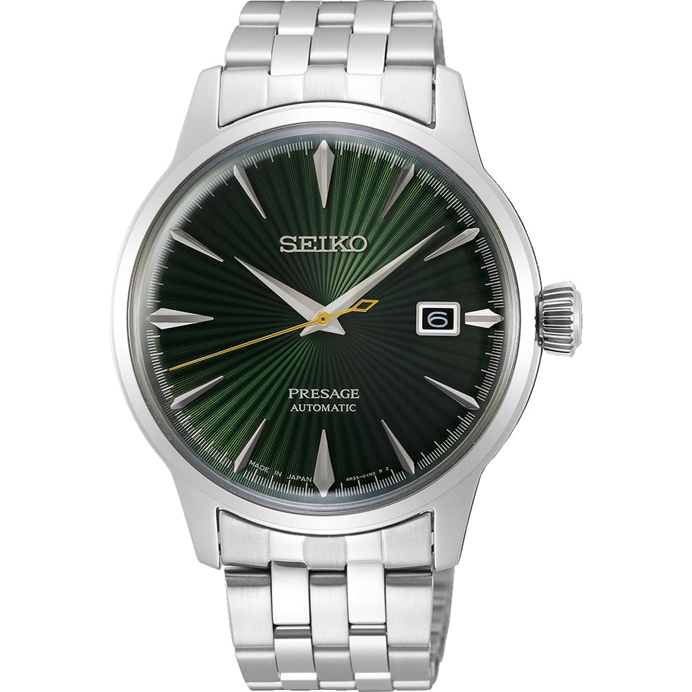 Montre Seiko Presage pour homme avec cadran vert, boîtier en acier inoxydable et bracelet en métal.