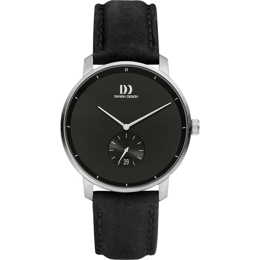 Montre avec boîtier en acier inoxydable, cadran noir et bracelet en cuir noir.