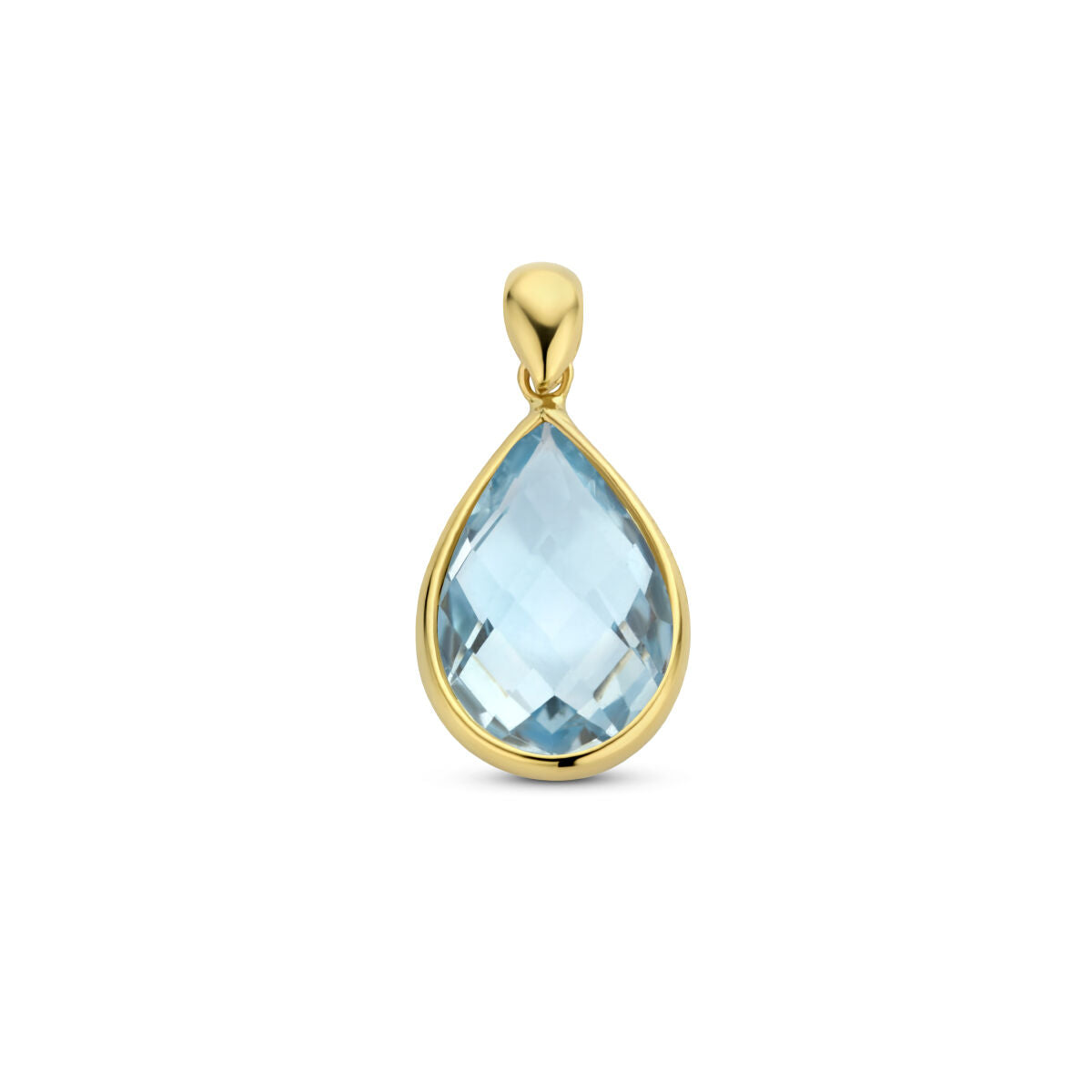 De hanger blauw topaas 14K geelgoud uit de Van der Kooij Collectie heeft een gefacetteerde, druppelvormige blauwe topaas in een elegante bezel zetting, prachtig gepresenteerd tegen een witte achtergrond.
