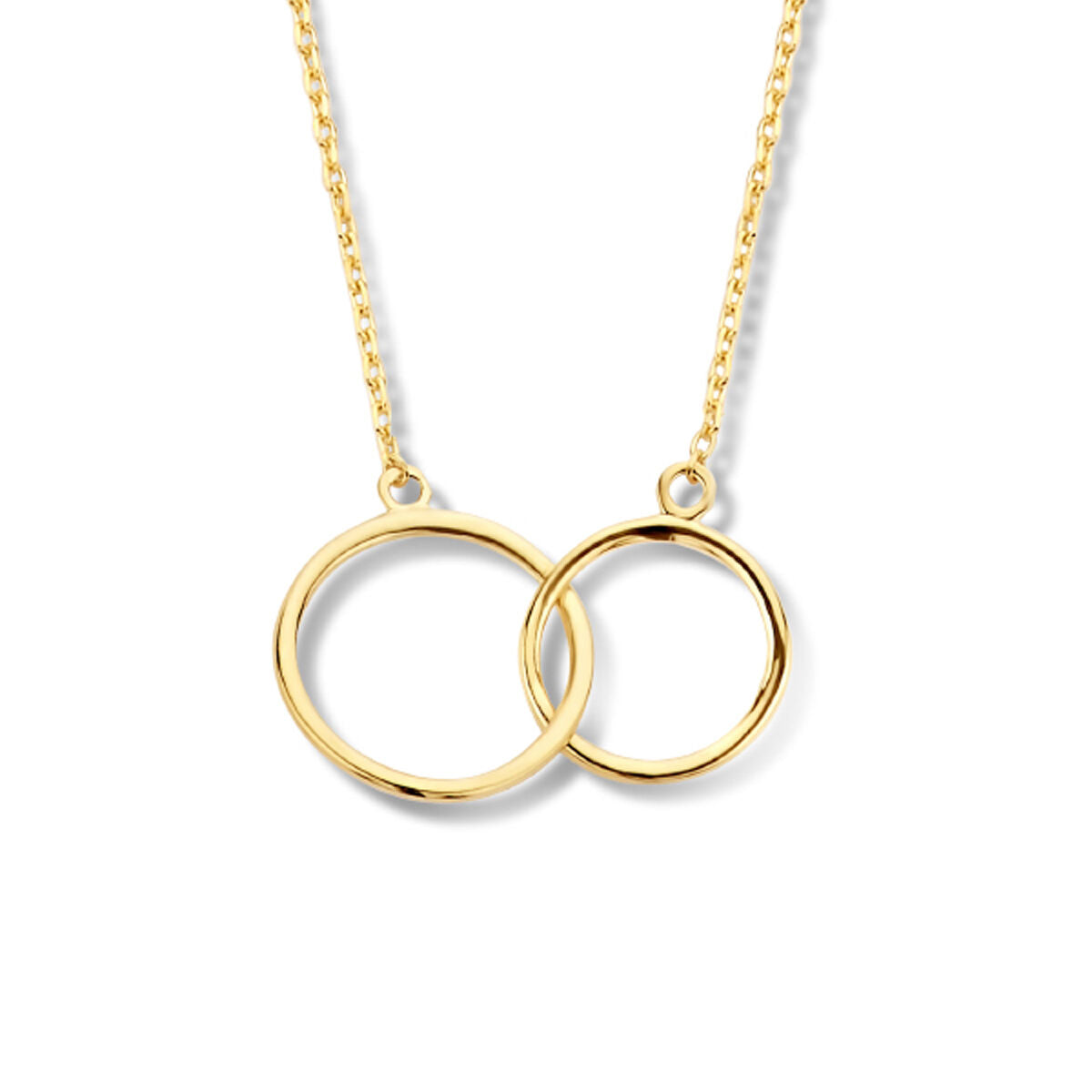 Collier en or 14K avec deux cercles entrelacés, l'un plus grand que l'autre.