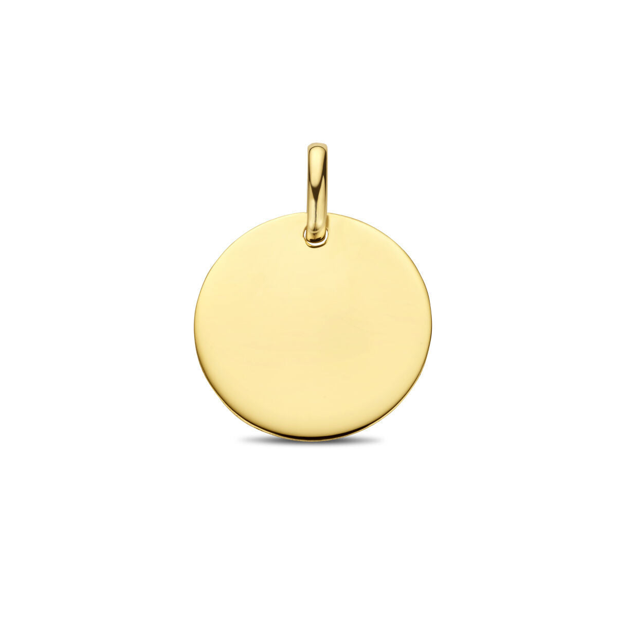 pendentif rond en or jaune 14K, surface lisse et brillante.