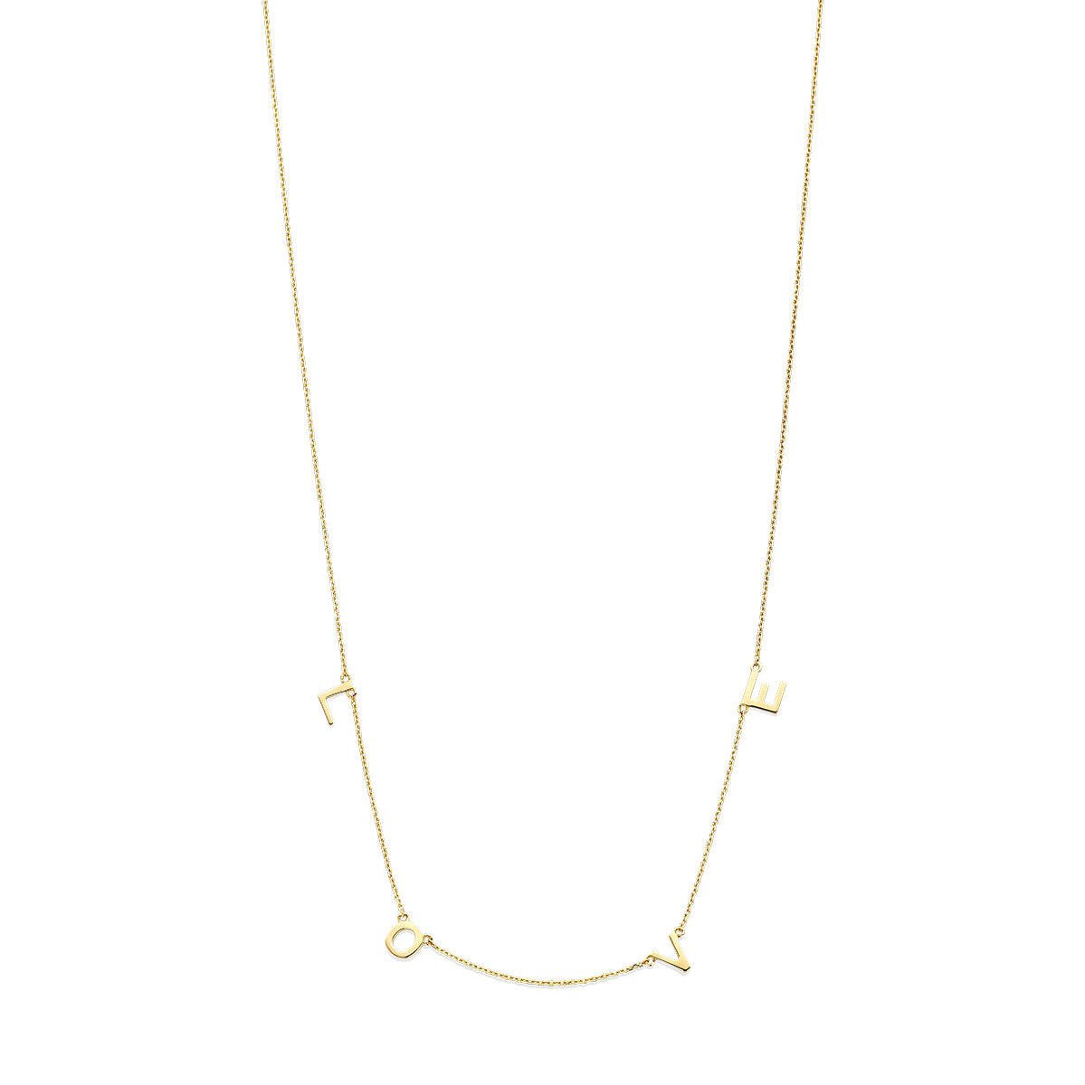 Collier en or jaune 14K avec des motifs en forme de lettres, longueur ajustable de 38 à 42 cm.