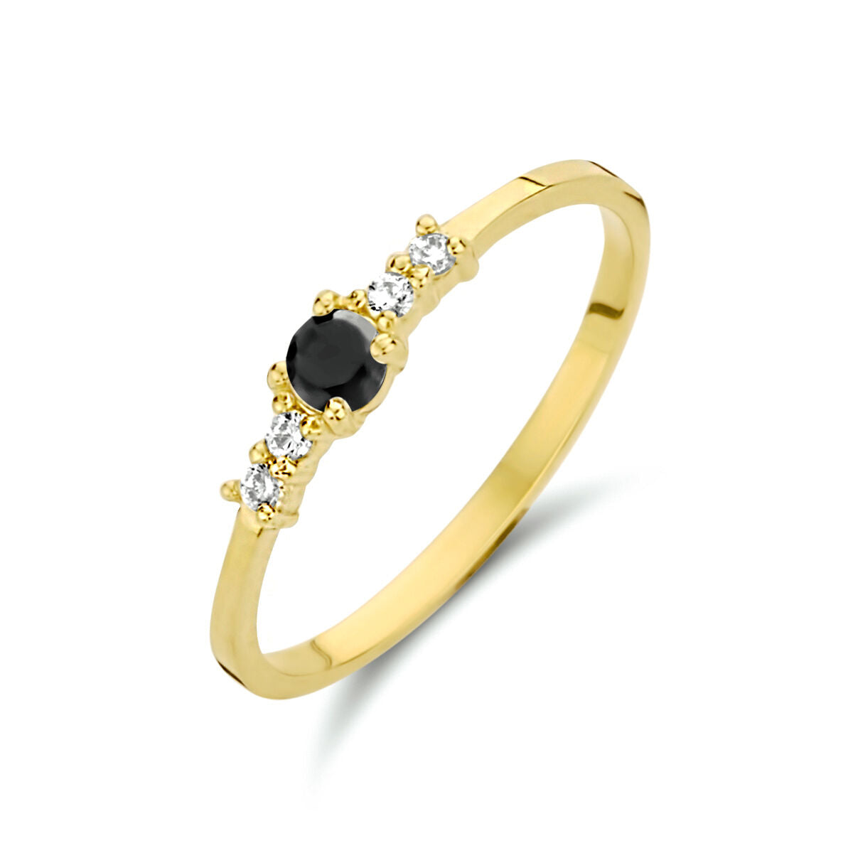 Bague en or jaune 14K avec zirconias noirs et blancs, ornée d'une pierre centrale noire.