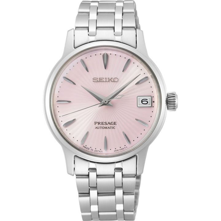 Ontdek het Seiko Presage dameshorloge SRP839J1, een elegant exemplaar met een zilverkleurige metalen band en een lichtroze wijzerplaat met zilverkleurige uurmarkeringen, wijzers en een datumvenster op 3 uur voor tijdloze verfijning.