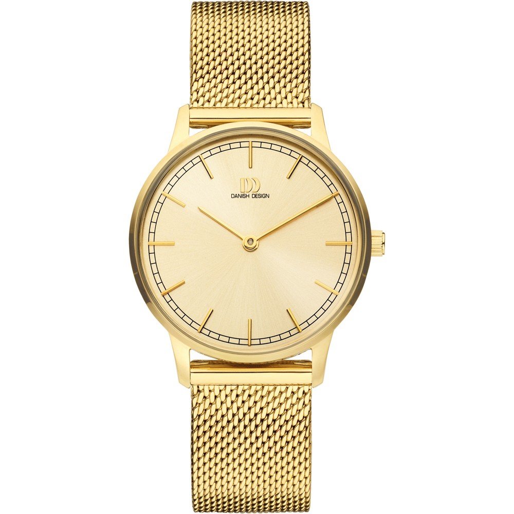 Montre dorée avec un cadran beige et un bracelet en maille métallique.