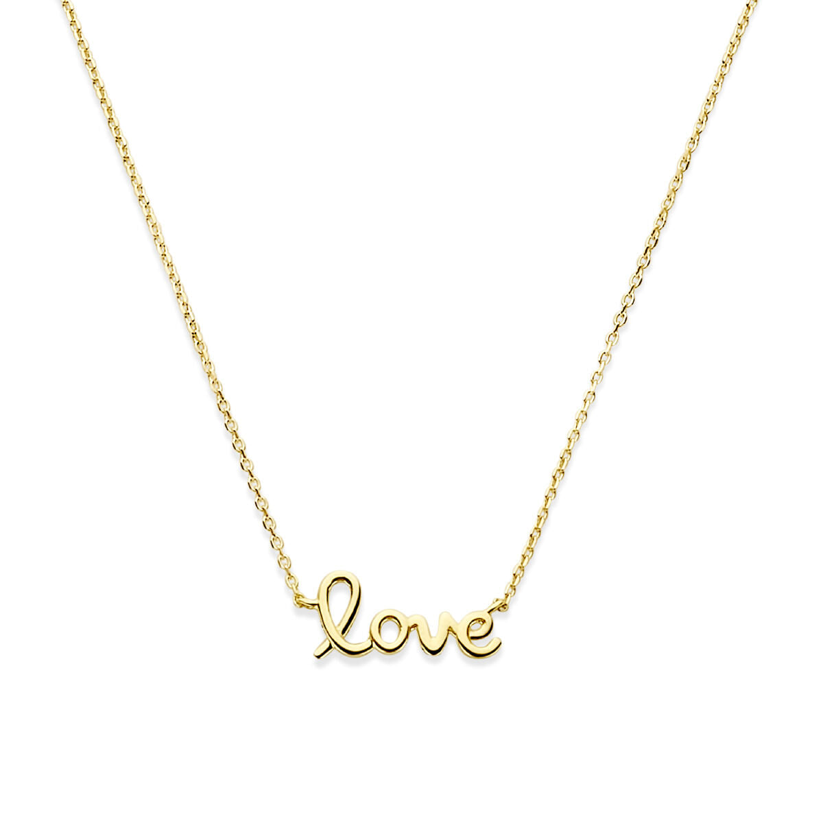 Collier en or jaune 14K avec le mot "love" en lettres cursives.