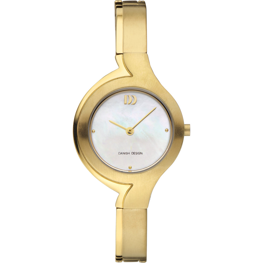 Montre dorée avec un cadran en nacre et un bracelet en métal.