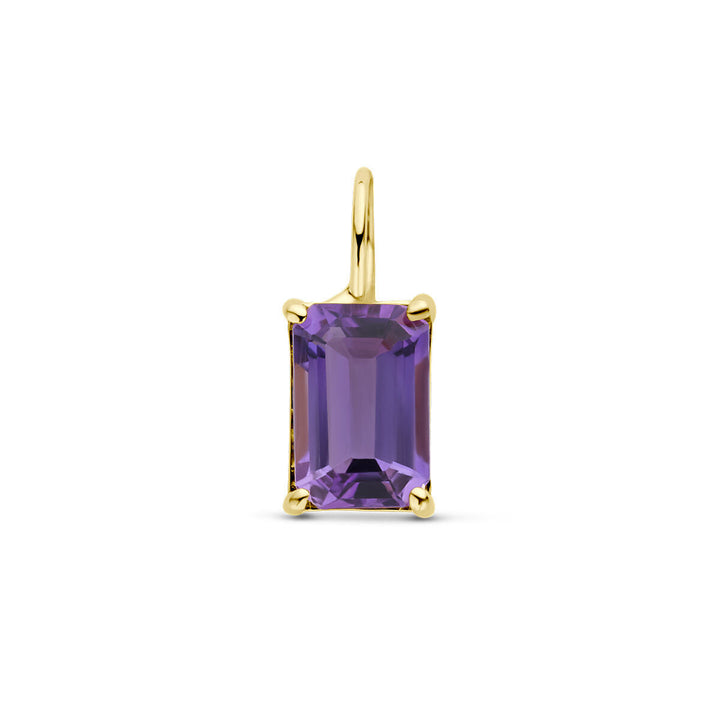 De Van der Kooij Collectie hanger amethist 14K geelgoud heeft een rechthoekige, facetgeslepen paarse amethist gezet in geelgoud met een eenvoudige lus-een verfijnde dames sieraad afgebeeld op een witte achtergrond.
