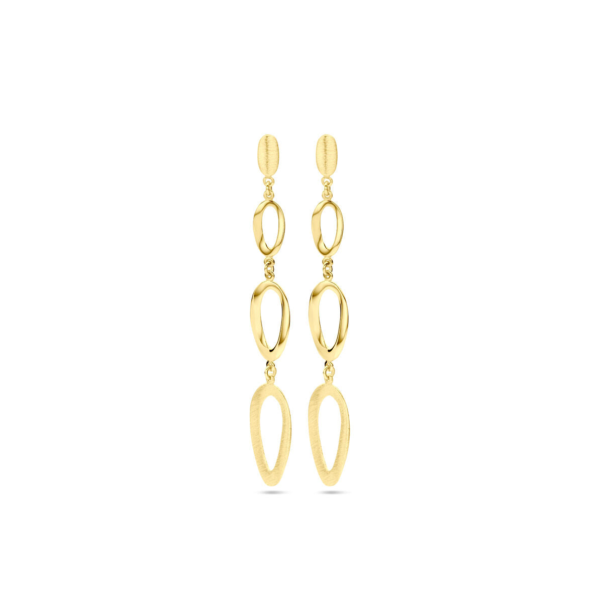 Boucles d'oreilles en or jaune 14K, finition polie et mate, avec des formes ovale et allongée.