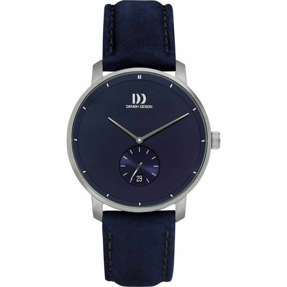 Montre avec un cadran bleu, boîtier en acier inoxydable et bracelet en cuir bleu.