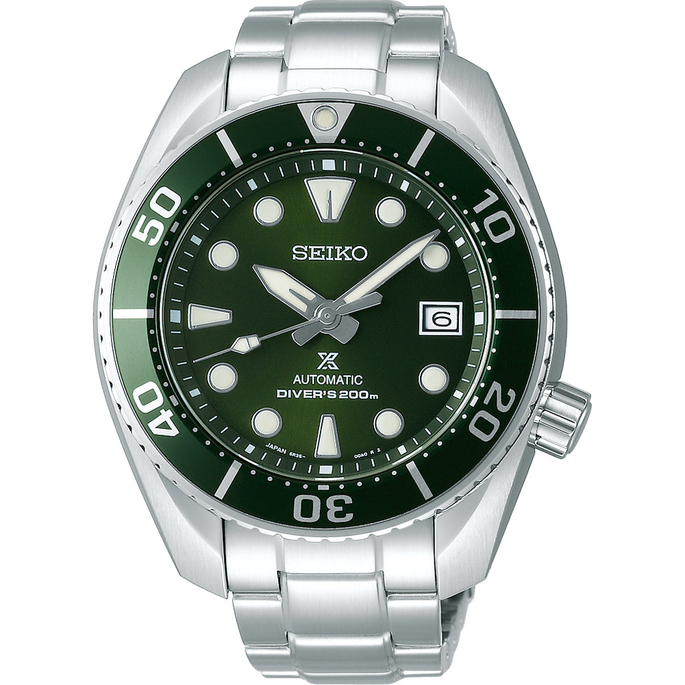 Montre Seiko Prospex pour homme avec boîtier en acier inoxydable, cadran vert et bracelet métallique.