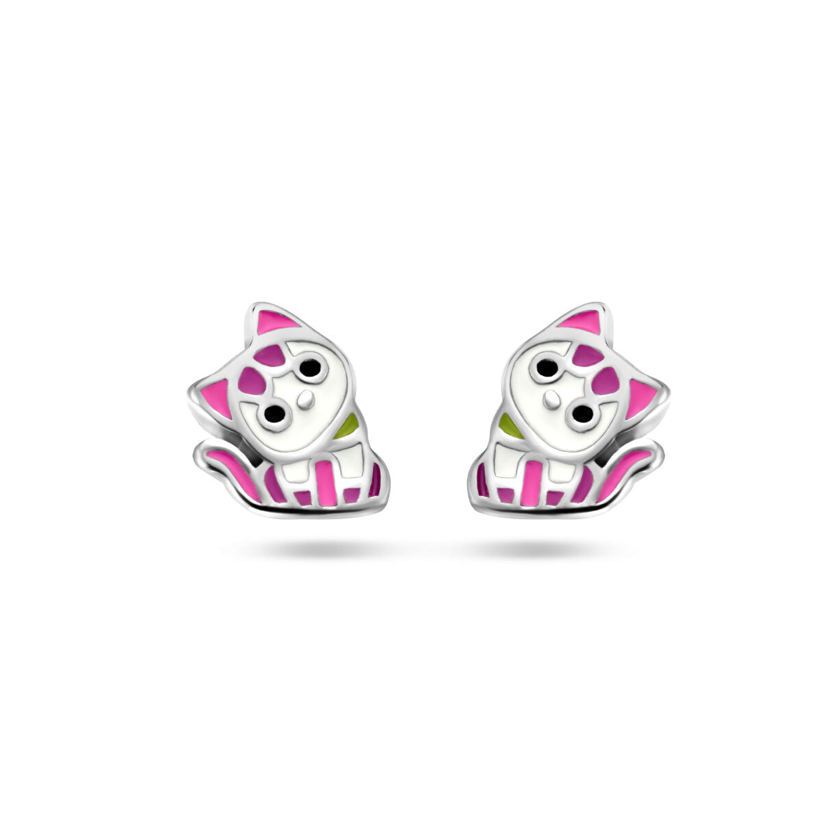 Boucles d'oreilles en argent rhodié en forme de chat avec des détails colorés.