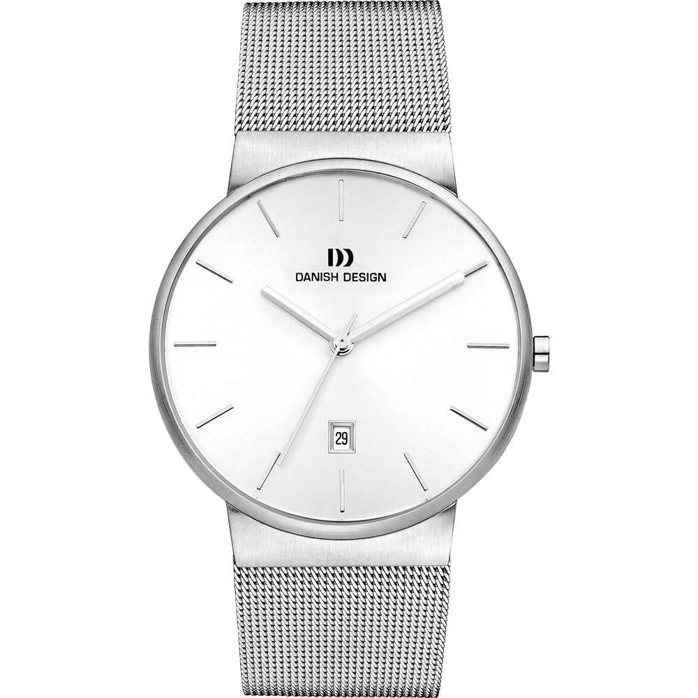 Montre en acier inoxydable avec un cadran blanc, bracelet en maille et dateur.