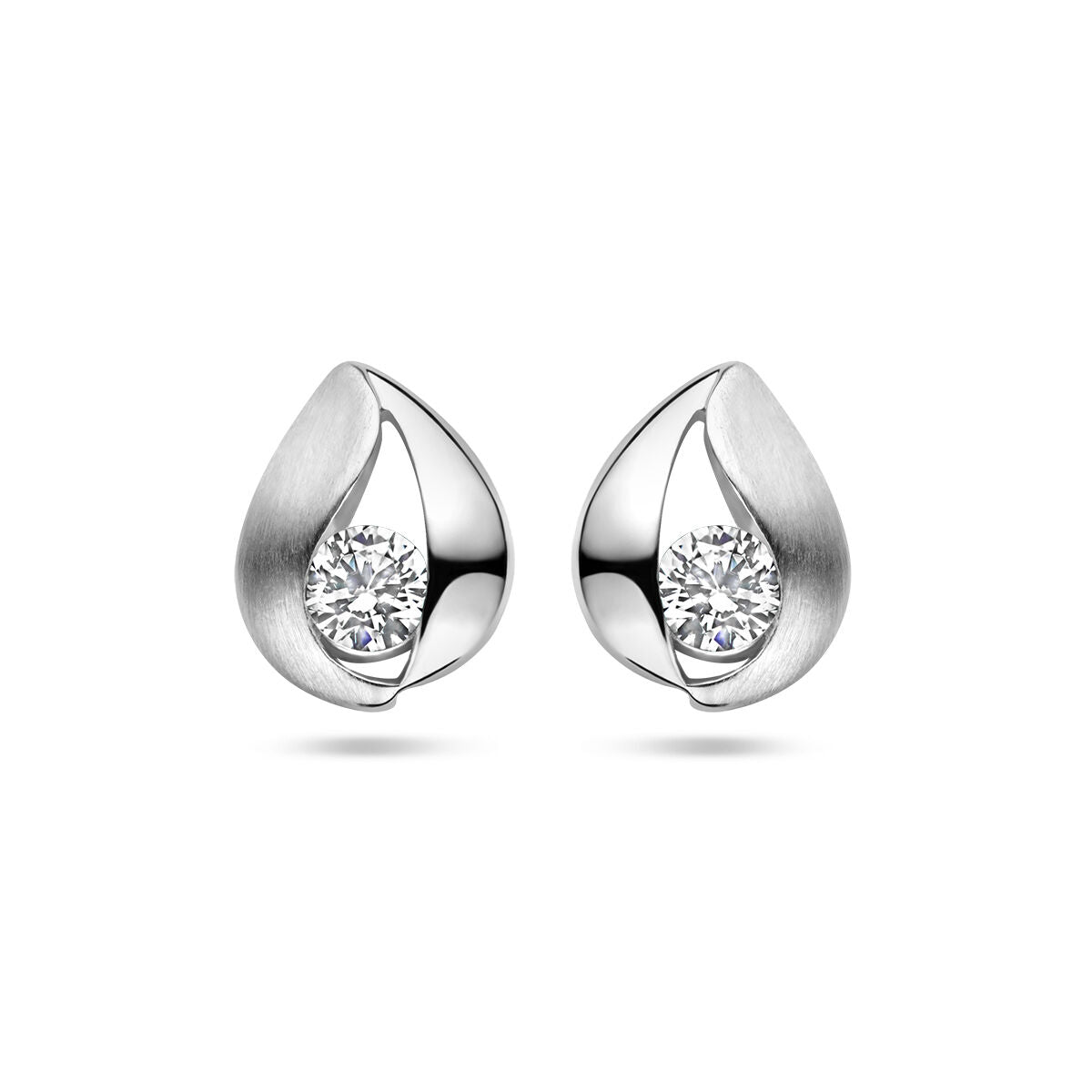 Boucles d'oreilles en forme de goutte en argent poli et mat, ornées de zirconia.
