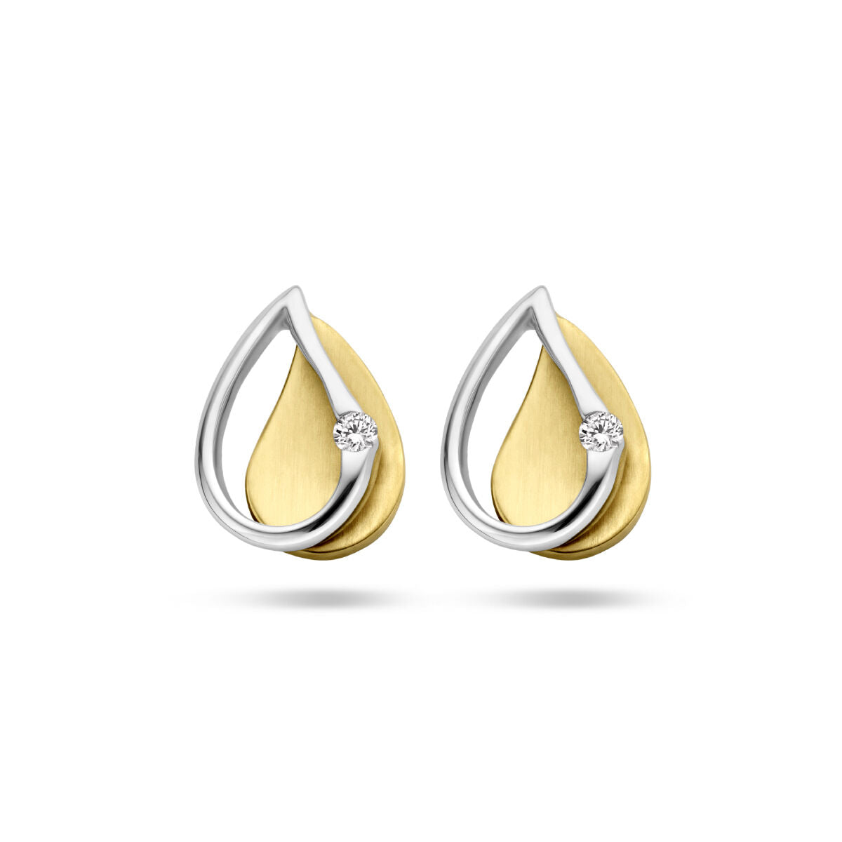 Boucles d'oreilles en or bicolore jaune et blanc avec un design en forme de goutte et un diamant de 0,03 ct.