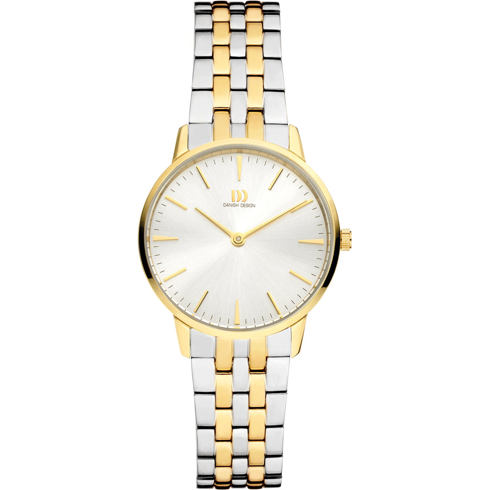 Montre avec bracelet en acier inoxydable bicolore, cadran argenté et aiguilles dorées.