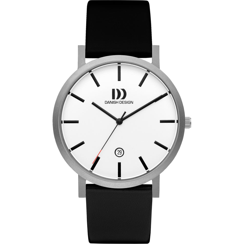 Montre avec un cadran blanc, boîtier argenté et bracelet en silicone noir.