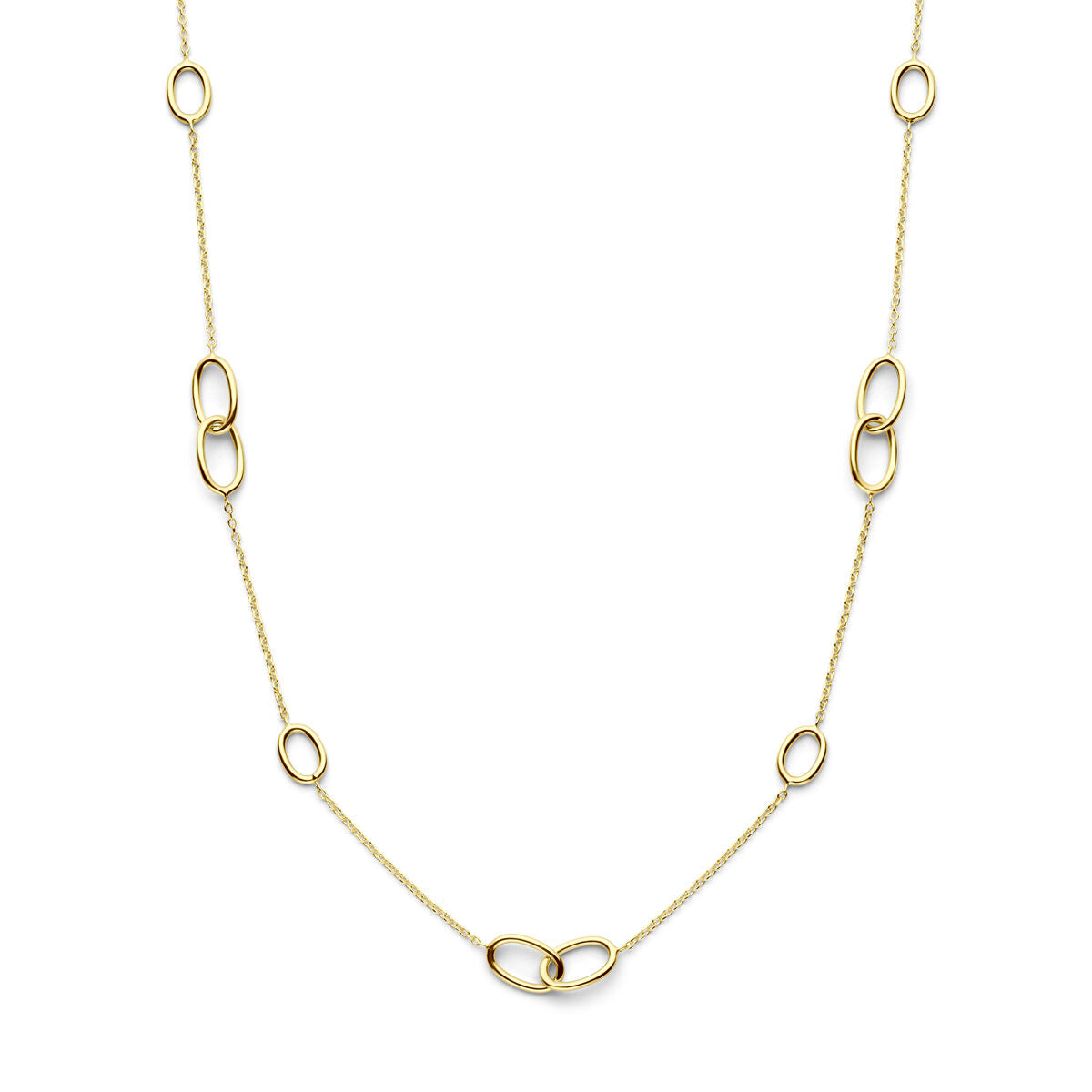 Collier en or jaune 14K avec des ovales entrelacés, longueur de 43 à 45 cm.