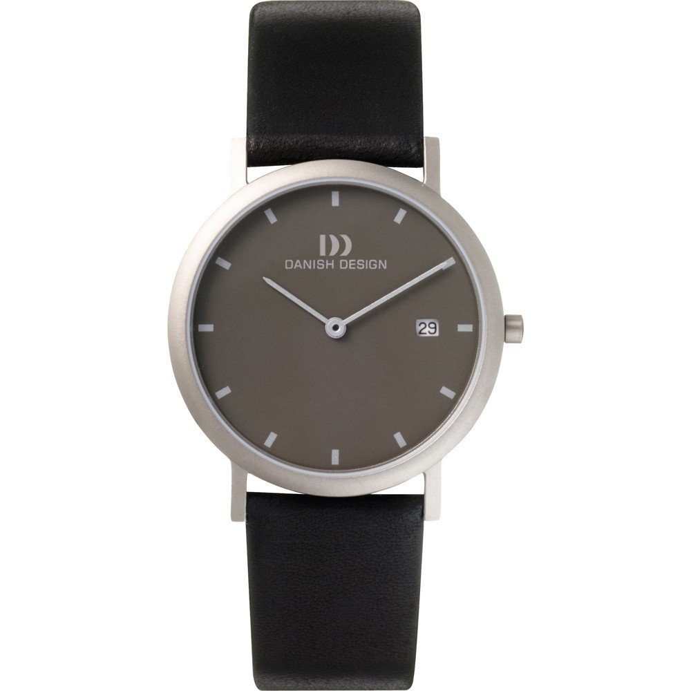 Montre avec un cadran gris, boîtier en acier inoxydable et bracelet en cuir noir.