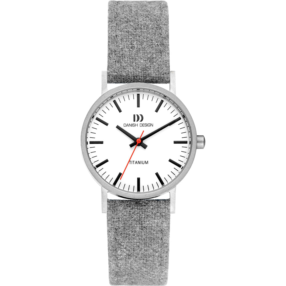 Montre avec un cadran blanc, boîtier argenté et bracelet en tissu gris.
